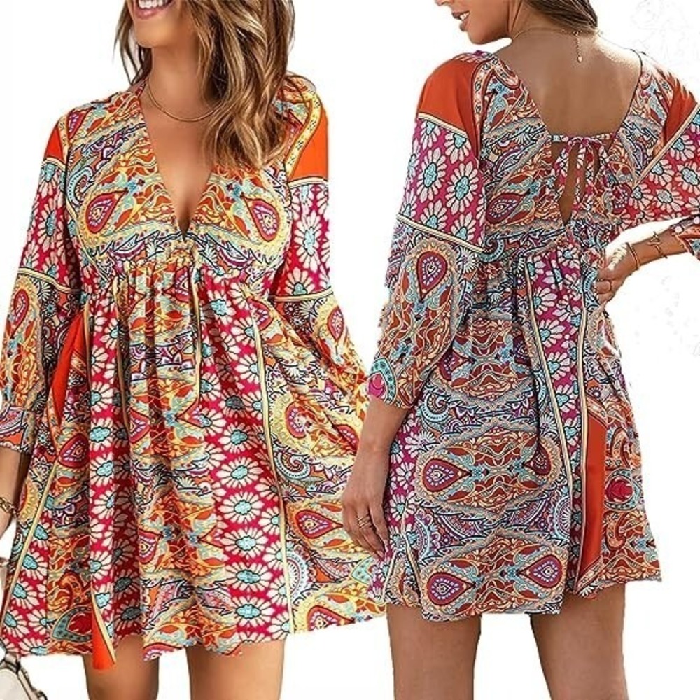 Women's Bohemian Short Floral Dress V-Neck, 3/4 Sleeve Outfit Size S